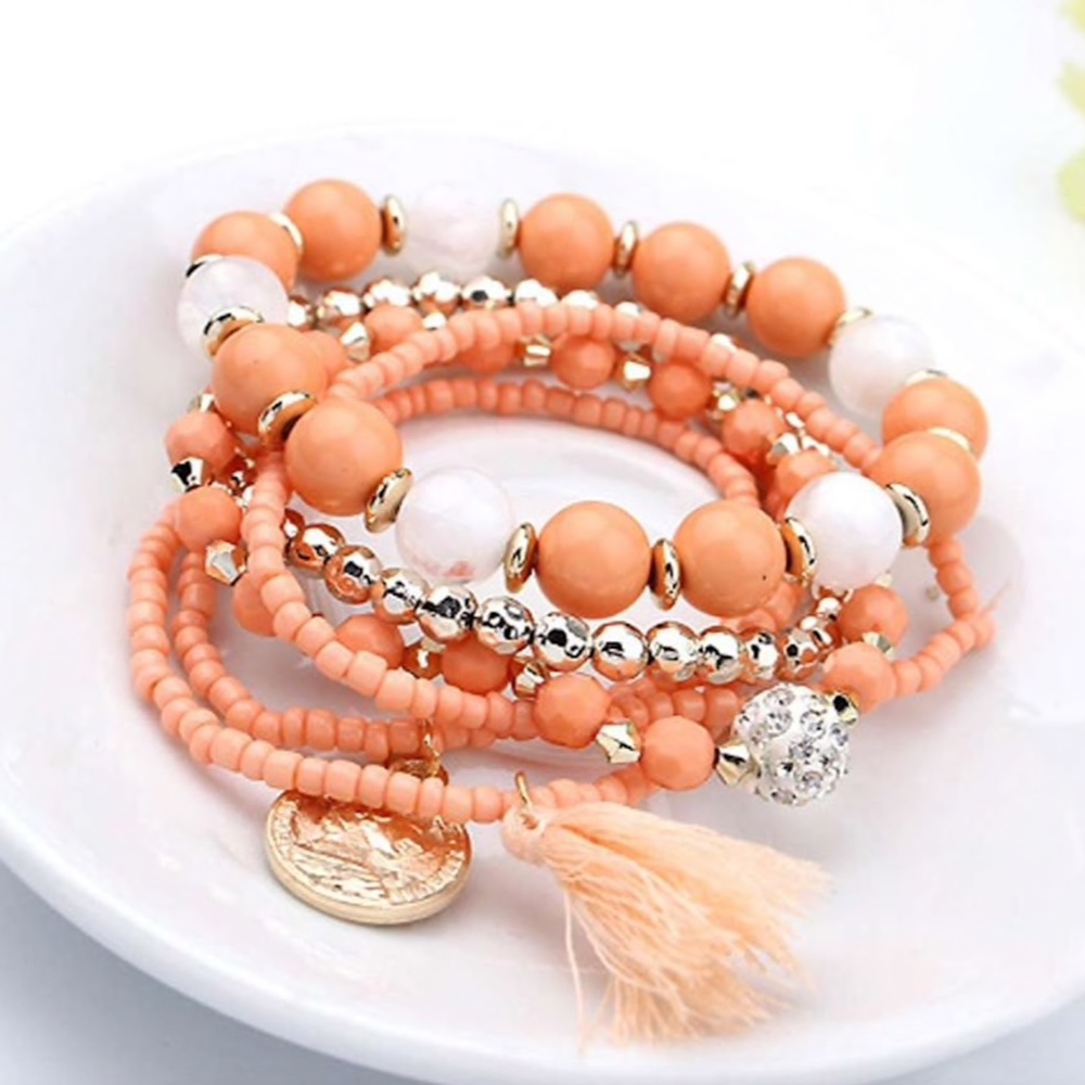 Multilayer Coral Bead Fringe Tassel Coin Bracelet